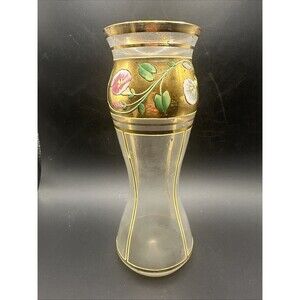 Antique Czech Moser Bohemian Glass Vase Gold Gild Pink White Flower Raise Enamel
